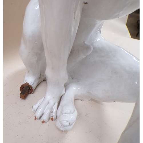 1431 - ITALIAN WHITE GLAZED LIFE SIZE GREYHOUND FIGURE A/F, 88CM H