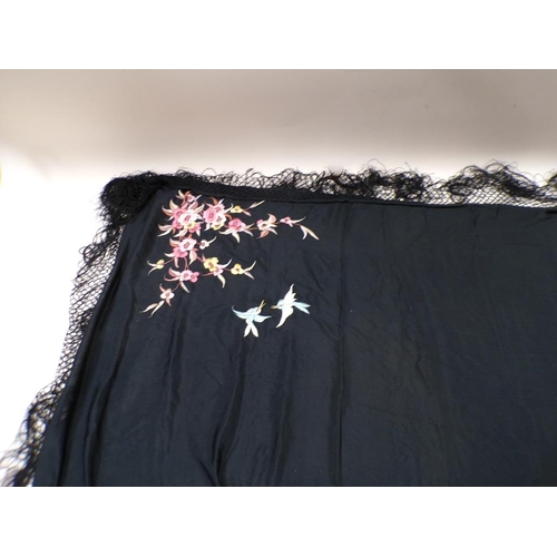 1432 - BLACK SILK FLORAL EMBROIDERED SHAWL