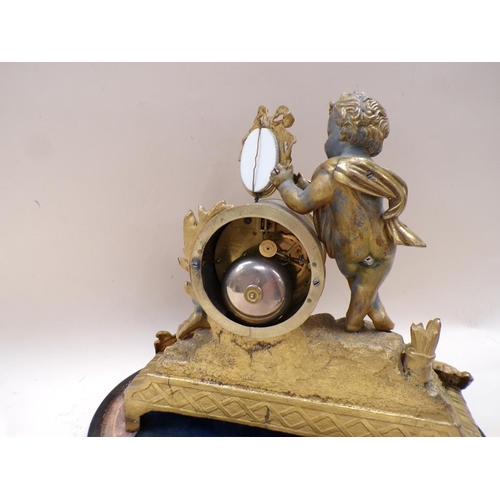 1445 - LATE 19c FRENCH GILT METAL FIGURATIVE MANTEL CLOCK UNDER DOME, 36cms H - (DOME CRACKED)