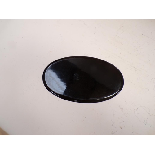 1458 - BLACK LACQUERED PAPIER MACHE OVAL TRAY (29cms) TOGETHER WITH CIGARETTE BOX, MATCH BOX HOLDER AND SMA... 