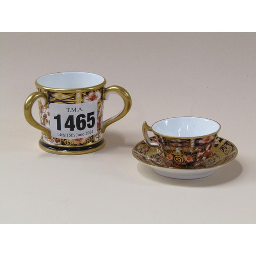 1465 - ROYAL CROWN DERBY MINIATURE TYG AND A ROYAL CROWN DERBY MINIATURE TEA CUP AND SAUCER