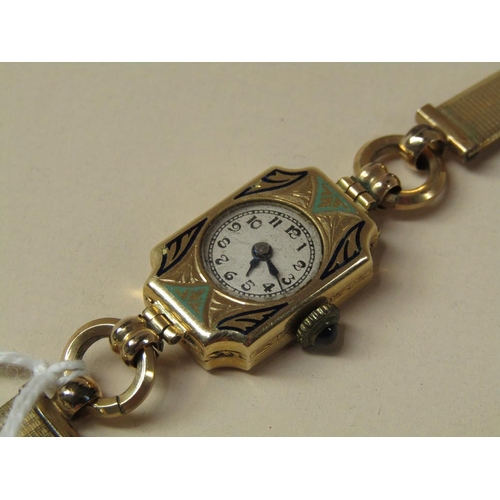 1477 - 18ct GOLD AND ENAMEL CASED LADIES WATCH ON GOLD PLATED STRAP