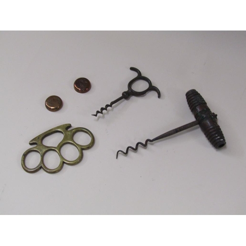 1496 - TWO CORKSCREWS, BRASS KNUCKLEDUSTER AND PENNY POT AND COVER