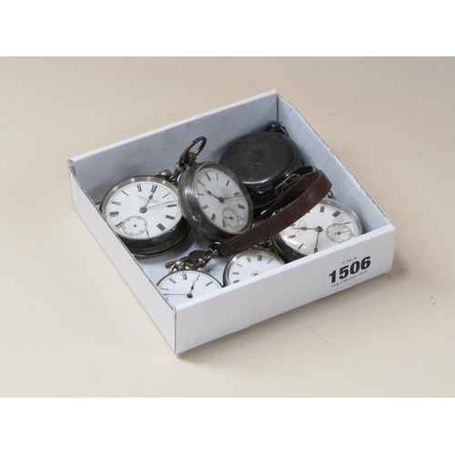 1506 - SIX SILVER CASED POCKET WATCHES AND A WHITE METAL ALBERT CHAIN