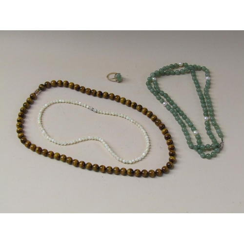 1515 - TIGERS EYE NECKLACE, BEAD NECKLACES AND 9ct GREEN STONE SET RING