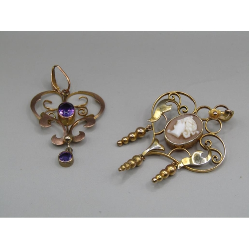 1531 - 9ct GOLD CAMEO SET PENDANT AND A 9ct GOLD AMETHYST SET PENDANT