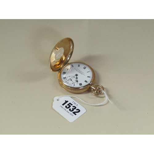 1532 - 9ct GOLD HALF HUNTER POCKET WATCH BY KENDALL AND DENT