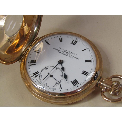 1532 - 9ct GOLD HALF HUNTER POCKET WATCH BY KENDALL AND DENT