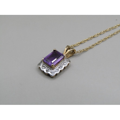 1558 - 9ct GOLD AMETHYST AND DIAMOND PENDANT WITH CHAIN