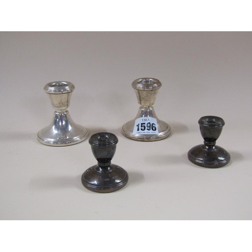 1596 - TWO PAIRS OF SILVER CASED SQUAT CANDLESTICKS