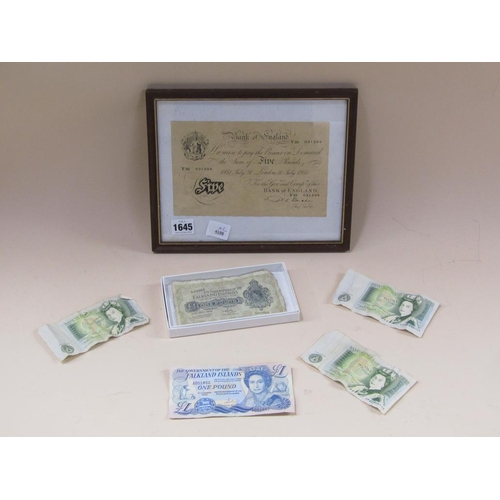 1645 - FRAMED AND GLAZED BANK OF ENGLAND £5 NOTE AND A BOX OF MIXED BANKNOTES