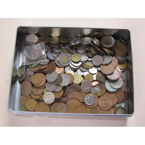 1655 - TIN OF MIXED BANKNOTES, COINS ETC