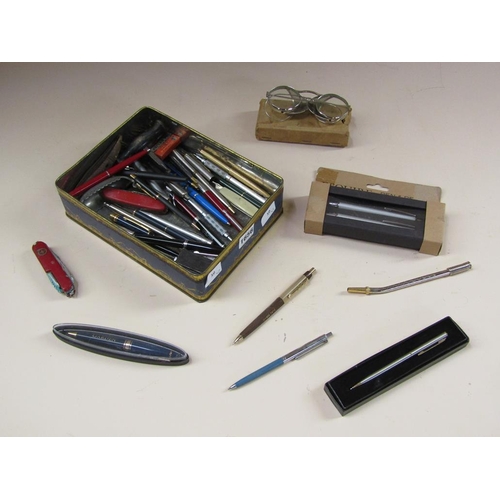 1656 - TIN OF PENS, PENKNIVES ETC