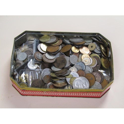 1657 - TIN OF MIXED COINS, BANKNOTES ETC