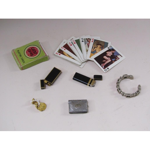 1663 - METAL BANGLE, ROLLS ROYCE BUTTONS, LUCKY CHIPS PLAYING CARDS, CARTIER LIGHTER ETC