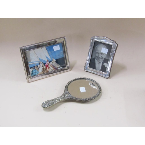 1664 - SILVER PLATED HAND MIRROR, TWO SILVER PHOTO FRAMES