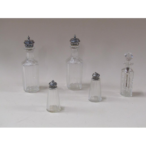 1687 - TRAY OF CUT GLASS AND OTHER BOTTLES, TWO SILVER TOPPED