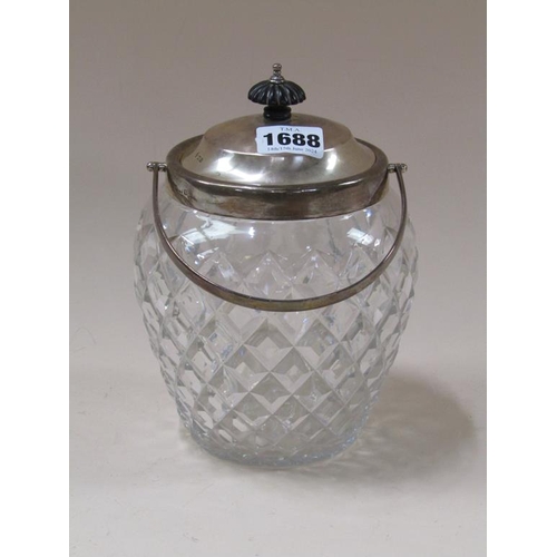 1688 - CUT GLASS BISCUIT BARREL WITH SILVER TOP RIM AND HANDLE