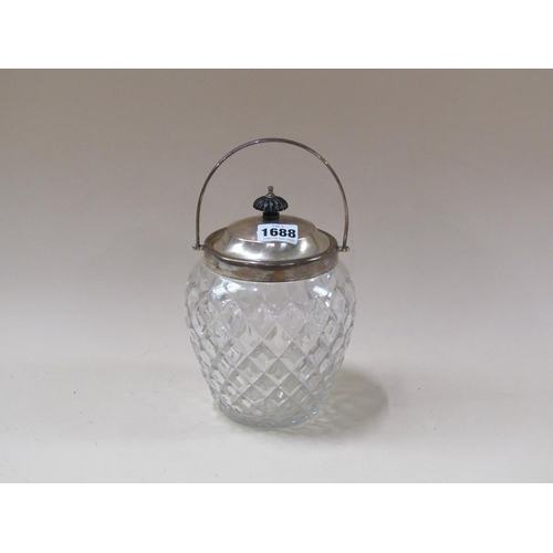 1688 - CUT GLASS BISCUIT BARREL WITH SILVER TOP RIM AND HANDLE