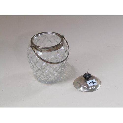 1688 - CUT GLASS BISCUIT BARREL WITH SILVER TOP RIM AND HANDLE