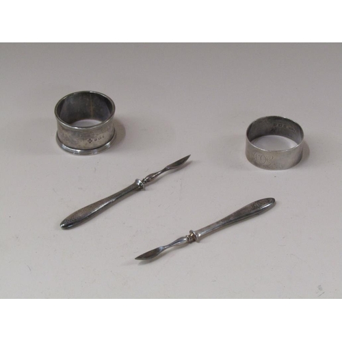 1694 - TWO SILVER NAPKIN RINGS, TWO MANICURE TOOLS