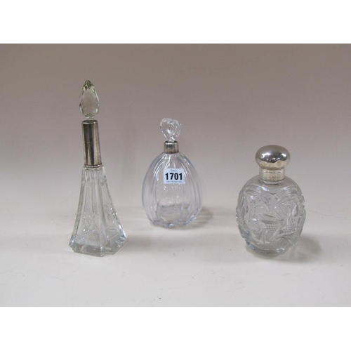 1701 - GLASS SILVER TOPPED SCENT BOTTLES TO INC. SILVER TOP HEART SHAPED STOPPER