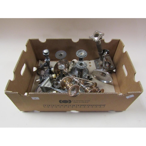 1724 - BOX OF MIXED SILVER PLATED CANDLESTICKS, CANDELABRAS ETC