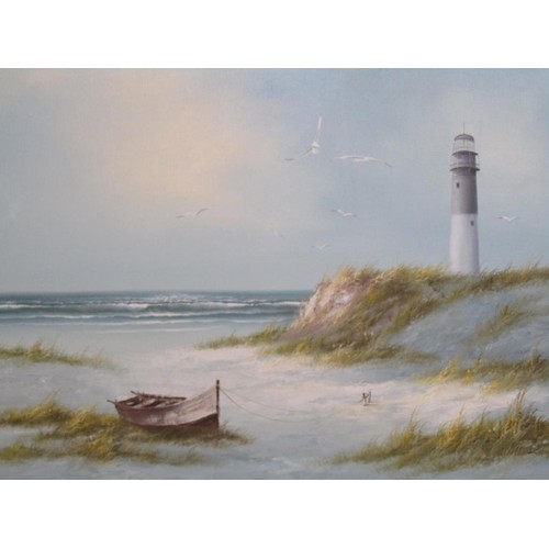 391 - FRAMED OIL ON CANVAS SHORELINE WITH LIGHTHOUSE - KAREN WILSON