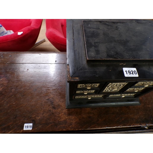 1920 - EBONISED BONE INLAID TABLE TOP CHEST 31 x 28 cms