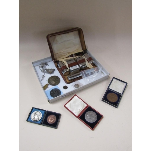 1523 - CASED SHAVING SET, COMMEMORATIVE MEDALLIONS ETC