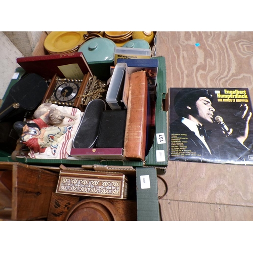 137 - BOX OF MISC TO INCL CLOCKS, ORNAMENTS, BINOCULARS ETC