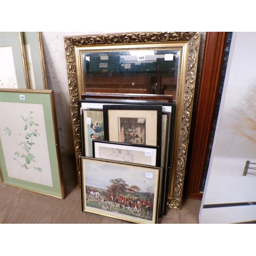 160 - ENGRAVINGS, PRINTS & GILT FRAMED MIRROR