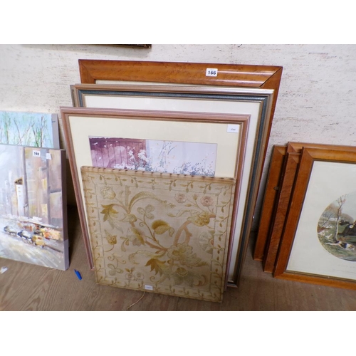 166 - COLLECTION OF NEEDLEWORKS, PRINTS & MAPLE FRAME