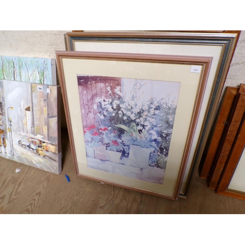 166 - COLLECTION OF NEEDLEWORKS, PRINTS & MAPLE FRAME