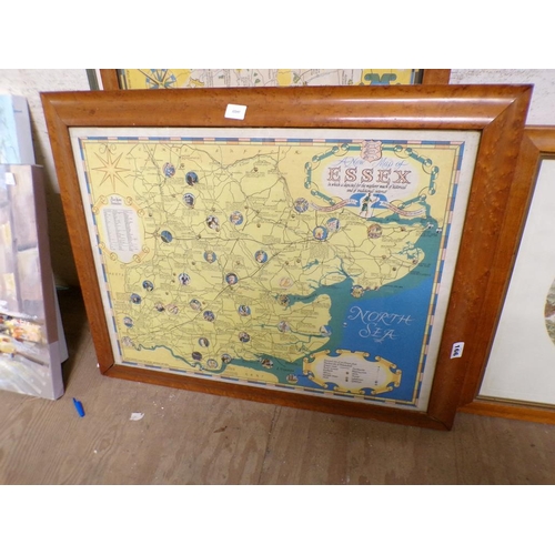 166 - COLLECTION OF NEEDLEWORKS, PRINTS & MAPLE FRAME