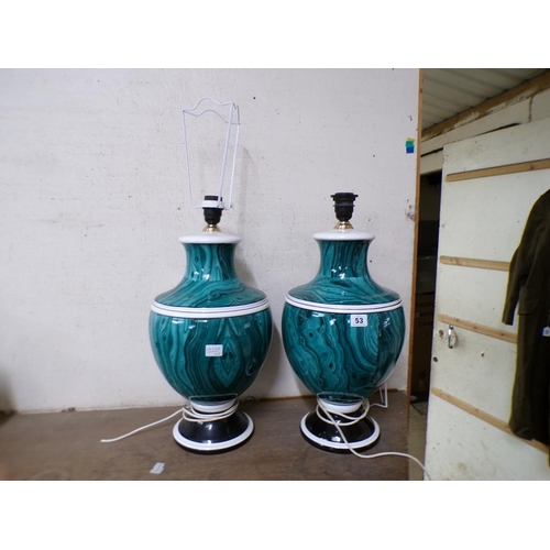 53 - PAIR OF LARGE CERAMIC TABLE LAMPS WITH MALACHITE HAND PAINTED DECORATION