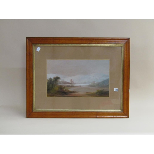 1203 - UNSIGNED 19C - LAKE WITH DISTANT RUINED CASTLE, F/G, 28CM X 48CM