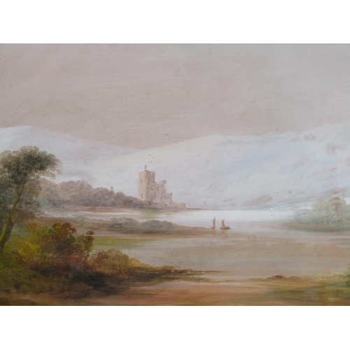 1203 - UNSIGNED 19C - LAKE WITH DISTANT RUINED CASTLE, F/G, 28CM X 48CM
