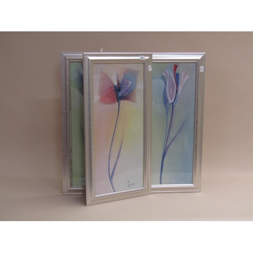 1211 - SIGNED INDISTINCTLY - THREE TULIP PIPE FLOWERS, WATERCOLOURS, F/G, EACH 69CM X 29CM