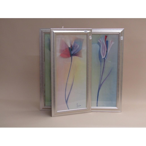 1211 - SIGNED INDISTINCTLY - THREE TULIP PIPE FLOWERS, WATERCOLOURS, F/G, EACH 69CM X 29CM