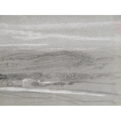 1212 - PETER DE WINT - DERBYSHIRE LANDSCAPE, INFORMATION TO REVERSE, BLACK AND WHITE CHALK ON GREY PAPER - ... 