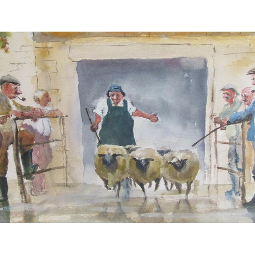 1213 - D.N BROPHY - THE CATTLE MARKET, SIGNED WATERCOLOUR, F/G, 24CM X 45CM