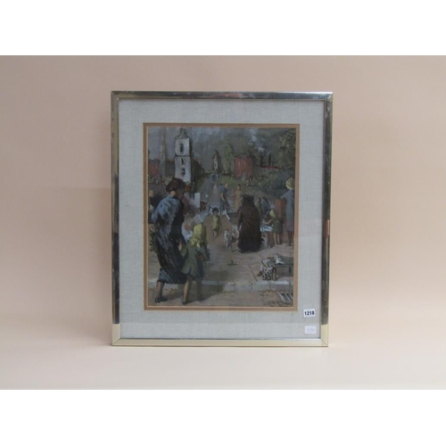 1218 - UNSIGNED EARLY 20C CONTINENTAL SCENE WITH FIGURES BESIDE A RIVER, F/G, 49CM X 39CM