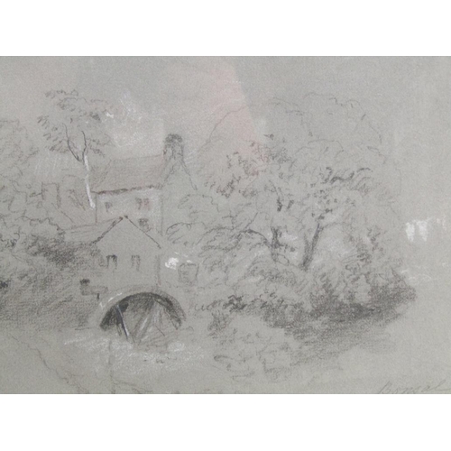 1219 - PETER DE WINT - MILL AT BONSALL DERBYSHIRE, B&W CHALK ON GREY PAPER FROM SKETCH BOOK, F/G, 17CM X 25... 