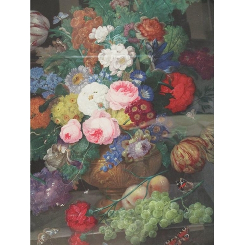 1220 - FRAMED AND COLOURED PRINT - ARCH OF SUMMER FLOWERS AND ROSES, F/G, 95CM X 71CM