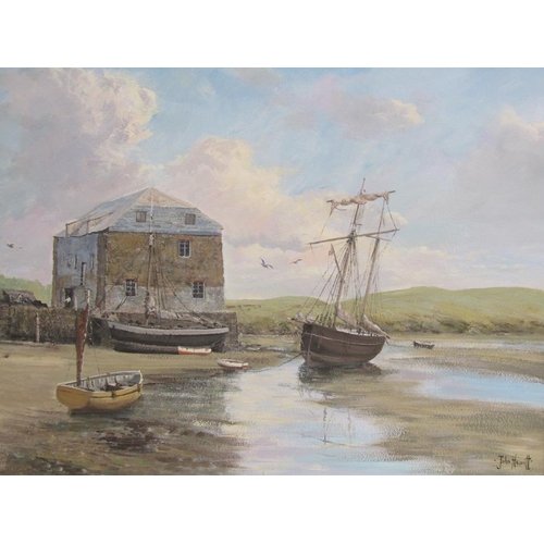 1221 - JOHN HEWITT - QUAYSIDE AT LOW TIDE, FRAMED, OIL ON BOARD, 45CM X 60CM