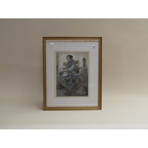 1227 - UNSIGNED WATERCOLOUR - MOTHER AND TWO CHILDREN, F/G, 38CM X 26CM