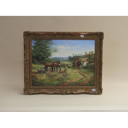 1228 - C.D HOWELLS - EARLY 20C HORSES AND GRASS MOWER, SIGNED OIL ON CANVAS, FRAMED, 44CM X 60CM