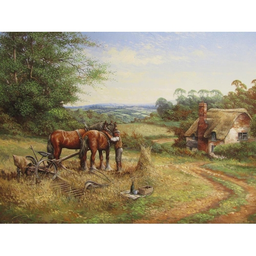 1228 - C.D HOWELLS - EARLY 20C HORSES AND GRASS MOWER, SIGNED OIL ON CANVAS, FRAMED, 44CM X 60CM