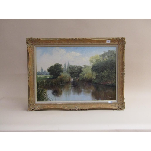 1229 - GRAHAM PETLEY - QUIET RIVER WITH SHEEP GRAZING, SIGNED, OIL ON CANVAS, FRAMED, 44CM X 60CM